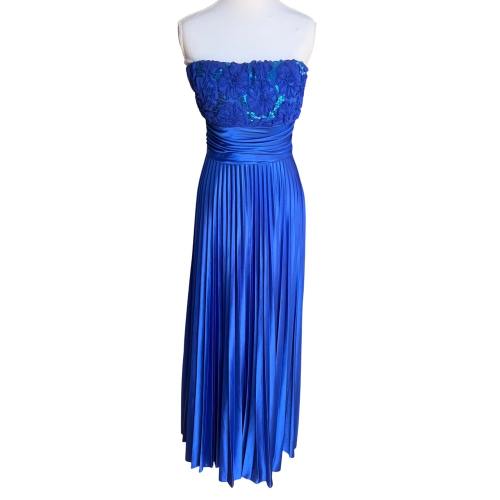 Xtraordinary Royal Blue Strapless‎ Pleated Maxi Dress Sequin Floral Prom Gown 11